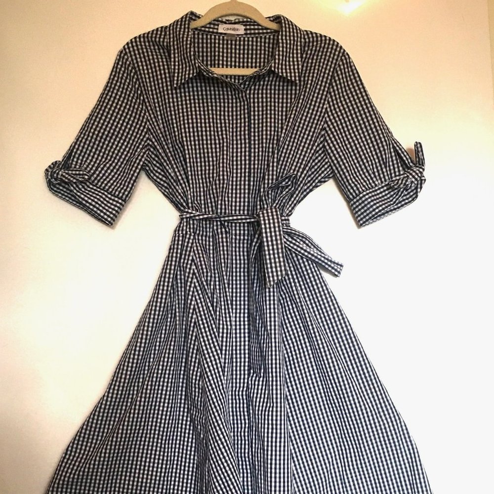 Calvin Klein Fit & Flare Vintage Style plaid dress, Navy blue & white size 12